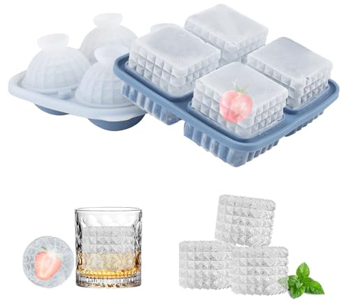 Vookkp 2 Pezzi Cubetti Ghiaccio Stampo Ghiaccio Silicone Stampi Forme Ghiacci con Coperchio, Grande Stampo Quadrato e Sferiche per Cubetti di Ghiaccio, per Whisky, Cocktail e Bevande Fredde(Blu)