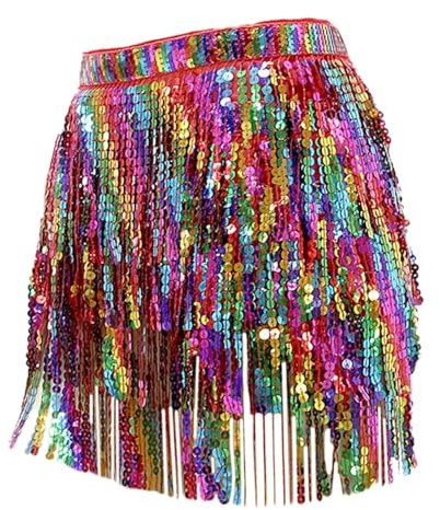 Sequin Tassel Skirt for Women, Glitter Sparkly Fringe Belly Dance Hip Scarf Skirts, 4 Layers Tassels Mini Rainbow Wrap Skirt for Festival Dance Performance Metallic Rave Party Belts Costume Outfits