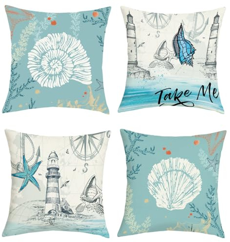 Joymasion Kissenbezüge 45x45 cm 4er Set Sommer Blau Ozean Leuchtturm Dekorative Kissenbezug Unterwasser Seestern Muscheln Deko Kissenhülle für Sofa Couch Schlafzimmer Wohnzimmer