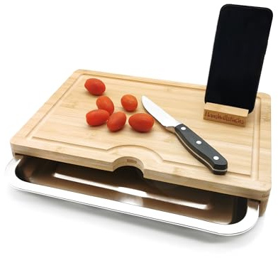 HaushaltsFuchs® Premium 100% FSC® Bambus Schneidebrett mit Auffangschale, Handyhalterung & Saftrille - Küchenbrett Holz mit Edelstahl Auffangbehälter - Brett mit Wanne/Schale (rutschfest)