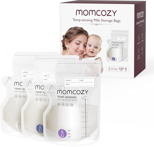 Momcozy 120PCS Sacchetti Latte Materno 8oz, Sensibili al Calore, Presterilizzati, Senza Perdite, Riciclabili, BPA-Free, Base Autoposizionante per Congelatore