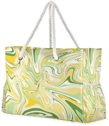 LI ZHI XIN Sac fourre-tout de plage pour femme, sac de voyage pour grandes vacances en famille, sac tendance imperméable avec poignées zippées, motif graffiti artistique, vert doré