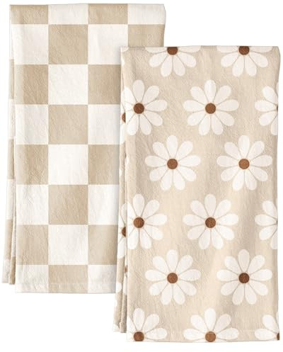 Miss Adola 2 Pack Flour Sack Kitchen Towels - 16x26 Inch Cotton Dish Towels with Hanging Loop Reusable Geometric Boho Modern Retro Tea Towel Absorbent Dishcloths Home Decor, Beige Checkered Flower