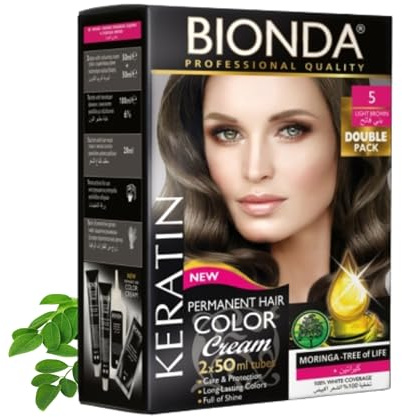 Bionda Professional Hårfärg 5 Ljusbrun 200 ml Dubbelpack Keratin | Permanent cremefärg med keratin och moringa som täcker grått till 100% och ger jämn, långvarig färg med lyster