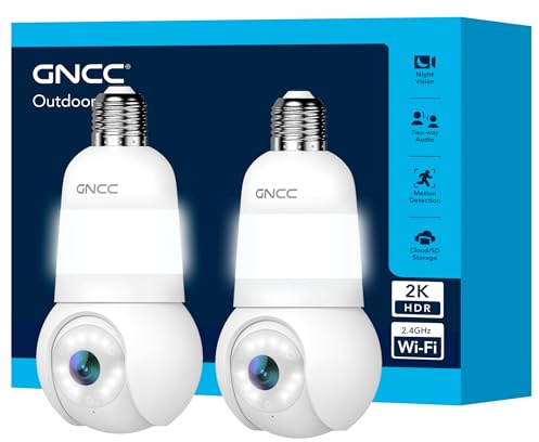 GNCC 2-Pack Glödlampskamera, 355° PTZ Light Bulb Kamera, 2K Inomhus-/utomhus övervakningskamera, Ingen Kabeldragning Krävs, Färg Nattvision, AI Detektering, Molnprenumeration/SD-lagring, 2,4 GHz WiFi