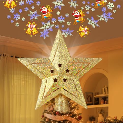 Christmas Tree Topper Star, 360° Rotating LED Projector Light with 2 Patterns, Plug in Tree Topper for Christmas Decorations, Sparkling Glitter Iron Star for Xmas Holiday Home Party (Gold)