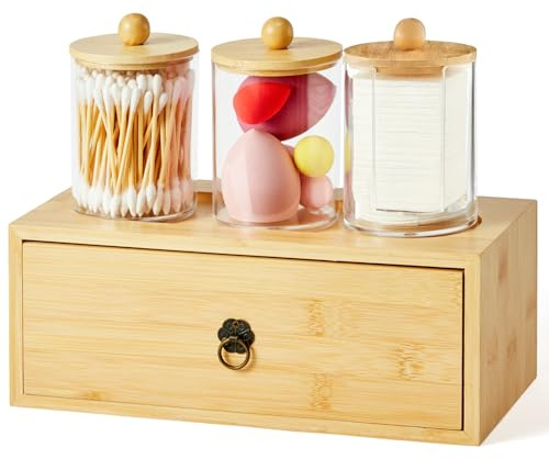 GNILLKO 3 Pack Qtip Holder Bathroom Set, Cotton Ball and Qtip Holder with Tray Drawer, Bathroom Jars with Lids Set for Cotton Ball Round Swab Pad Hair Ties Floss Perfume Jewelry