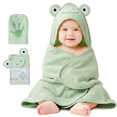 CuddleBug Premium babyhandduk och tvättduk set – 100 % bomull frottéhanddukar för nyfödda och småbarn, supermjuka och absorberande, nödvändigheter för nyfödda (76 cm x 76 cm) – salviagrön groda