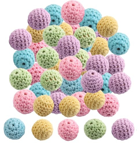Queerelele 25PCS Cuentas De Ganchillo,Cuentas De Madera De Ganchillo De 20 MM Con Agujero En 5 Colores,Collares Hacer tu propia cadena,Bolas De Madera Hechas A Mano para Collares,Pulseras Y Joyas DIY