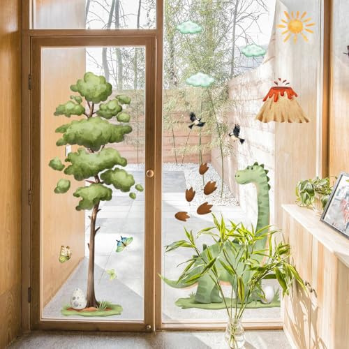 WandSticker4U®- Fensterbilder DINOSAURIER Kinder selbstklebend (80x70 cm) I Fenstersticker Kinder Dino mit Baum, Vulkan & Sonne wiederverwendbar I Fensterdeko Kinderzimmer Junge Dino Frühling