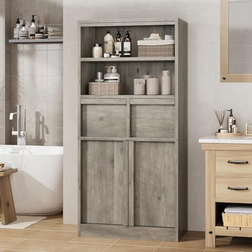 GarveeMore Badezimmerschrank, Badschrank Stehend Mit Offenen Fächern, Türen & 2 Schubladen, Aufbewahrungsschrank Für Bad, Wohnzimmer, Küche & Vorratsraum, Schrank, 30 x 60 x 120 cm, Grau