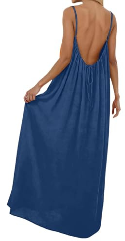 Robe Boheme Chic Caraco Dos Nu sans Manches pour Femme Robes Maxi d'été pour la plage Robe Casual Longue Et Fluide à Bretelles Spaghetti Dress Ample d’intérieur Elegant Couleur Unie Robes de Soirée