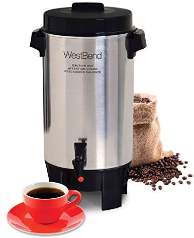 West Bend Coffee Urn Highly-Polished Aluminum Features Automatic Temperature Control with Cup Per Minute Brewing and Easy Clean Up Includes In-Basket Measuring Guide and Ready Light, 42-Cup, Silver