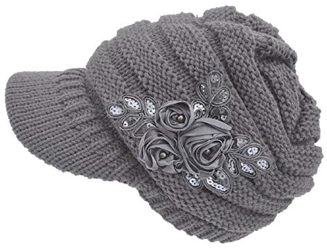 Tuopuda Chapeau d'hiver Femme Fleur Decor Crochet à Tricoter Bonnet visière Chapeau