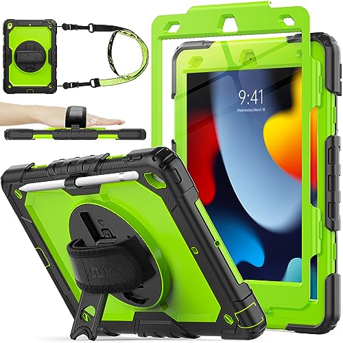 SEYMAC stock Case for iPad 9th/8th/7th Generation 10.2'' 2021/2020/2019 | Heavy Duty Shockproof, with Screen Protector, 360° Rotating Stand/Hand Strap, Pencil Holder & Shoulder Strap, Green