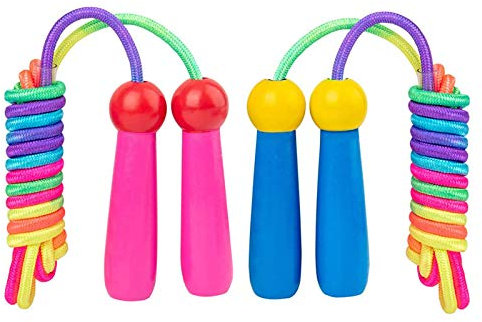 Springseil Kinder, 2 Stück 2.6M Verstellbare Seilspringen Fitness Kinder mit Holzgriff und Baumwollseil Rope Skipping Seil Kids für Jungen und Mädchen (Pink+Blau)