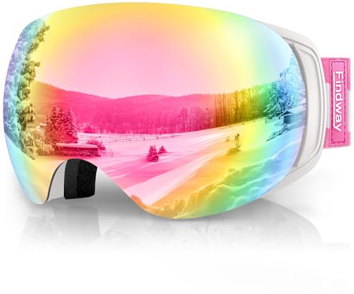 Findway - Máscara de esquí magnética, gafas de esquí para mujer y hombre, OTG para snowboard y esquí, antivaho, anti-UV 400, rosa intercambiables, lente esférica
