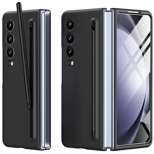 Miimall Hülle Kompatibel mit Samsung Galaxy Z Fold 3 Hülle mit Pen & Displayschutz, Robust Fold 3 Handyhülle mit Federbelasteter Slim S-Pen Halter Case für Samsung Fold 3 Hülle -Schwarz