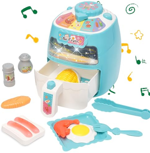Heißluftfritteuse Spielzeug, Kinder Luftfritteusen Set, Pretend Play Air Fryer Spielzeug, Realistisches Küchenzubehör Spielset, Sprechendes Musikalisches Kochspielzeugset mit Farbwechselnden