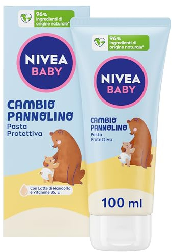 NIVEA BABY Cambio Pannolino Pasta Protettiva 100ml, Crema cambio pannolino lenitiva ed emolliente, Pasta cambio pannolino con Latte di Mandorla e Vitamine, Crema corpo neonato per una protezione 12h