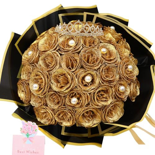 DIY Glitter Roses Bouquet Gold- 36 Pack Fake Shiny Flowers with Stems Eternal Floral for Graduation Handmade Wedding Bouquet Anniversary Birthday Gift, Mother's Day Gifts for Her