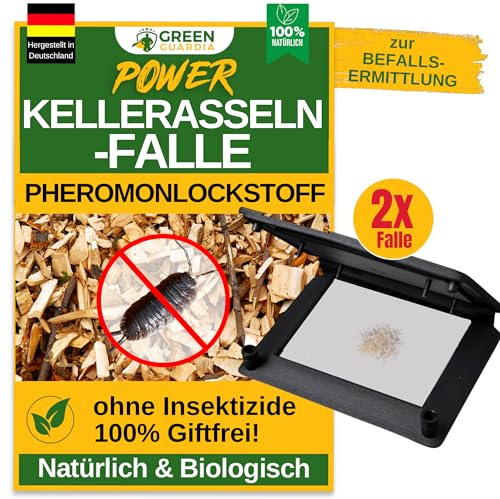GREEN GUARDIA Kellerasseln Falle mit Pheromon-Lockstoff - 2x Fallen - umweltfreundlich Ungeziefer bekämpfen, Chemiefreie Pheromonfalle mit austauschbaren Klebeflächen, giftfrei und geruchsneutral