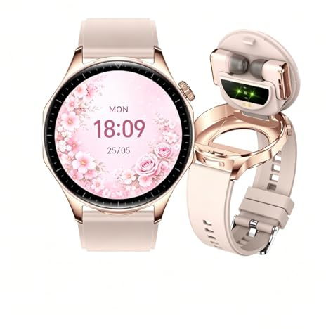 AIEK Smartwatch med hörlurar för män och kvinnor, 1,43 tum AMOLED stor display fitness sportklocka för iOS Android telefon, hjärtfrekvens sömnmonitor, present till par (roséguld)