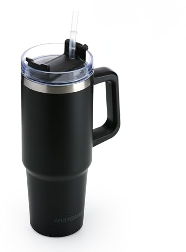 Tazza Termica da Viaggio in Acciaio con Cannuccia, per Bevande Calde e Fredde, 900 ml, Colore Nero