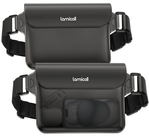 Lamicall IPX8 Waterproof Pouch Bag - [2 Pack] Waterproof Waist Dry Bag with Adjustable Strap, [Quick Opening] for Beach, Swimming, Boating, Fishing, Camping, Kayaking, Hiking - Transluscent Black