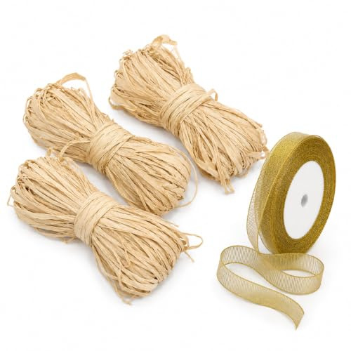 3 Braune Rafia-Kordeln und 1 Goldfarbenes Glitzerndes Band, Rafia-Schnur | für Geschenkverpackungen, Handwerk, Dekoration Schokolade und DIY