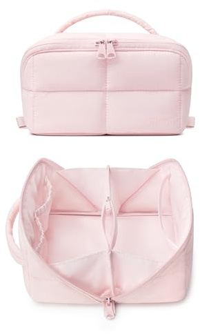 Comfyable Puffy Makeup Bag for Women, Compact Cosmetic Organiser for Girl, Cute Lightweight Travel Pouch, Open Flat Water-Repellent Make Up Bag, Light Pink