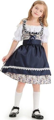Blomklänning för flickor, för Oktoberfest, barnfest, utgåva, festlig med traditionell design, marinblå, 7-8 år