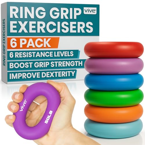 Vive Hand Grip Exerciser (6 Pack) - Forearm and Finger Ring Strengthener Set - Silicone Squeezer Gripper for Muscle Strengthening Training Tool - Arthritis Finger Physical Therapy PT Kit Trainer