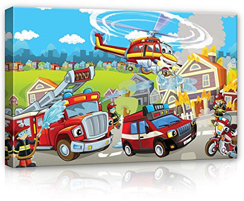 WallArena - Leinwand Bilder - Feuerwehr Kinderzimmer Junge Helikopter Kinder - 60x40 cm Leinwandbilder - Bild auf leinwand - Wandbild XXL groß Wandbilder für Wohnzimmer Wohnzimmerbilder Modern