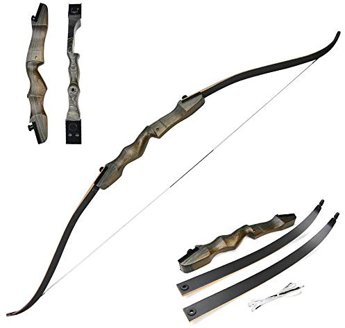 62 Takedown Recurve Bow Wooden Riser Hunting Adult Youth Bow 18-34lbs Archery Target Practice Bow Traditional Longbow Right Hand (Black, 24lbs)