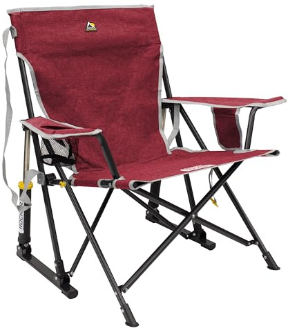 GCI Outdoor Kickback Rocker Camping Chair | Portable Folding Rocking Chair with Durable Armrests, Drink Holder & Relaxed Lowered Seat for Comfort — Red