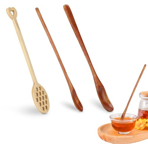 Agatige 3PCS Wooden Honey Spoon, Long Handle Mixing Coffee Spoon Honey Dipper Stirrer Mixing Tools for Jam Dessert Stirring
