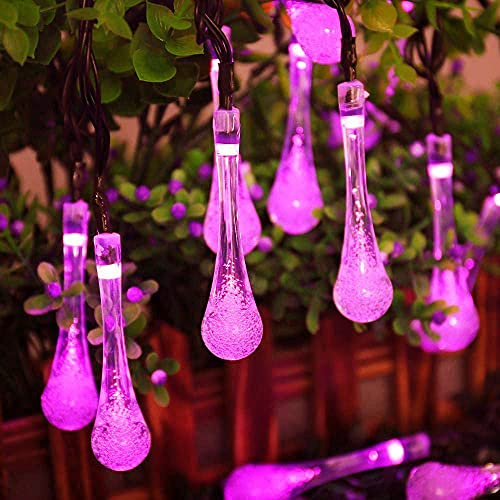 KINGCOO Solar Water Drop String Lights Outdoor, Waterproof 20FT 30LED Raindrop Lcicle String Lights 8 Mode Ambiance Teardrop Lights for Gardens Patio Yard Party Holiday Wedding Decorations (Pink)
