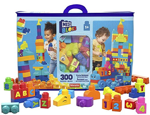 MEGA HHM97 BLOKS Bauset mit extra großem Bausteinebeutel, 300 große und farbenfrohe Bausteine mit Einer Aufbewahrungstasche, Konstruktionsspielzeug, Spielzeug-Geschenkset für Kinder ab 1 Jahr
