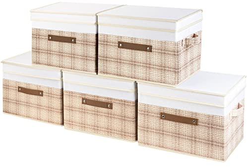 TYEERS Collapsible Storage Box with Lid, Patchwork Design, Decorative, Fabric Storage Box for Clothes, Wardrobe Storage, 38x25x25 cm, Set of 5, Camel Tan