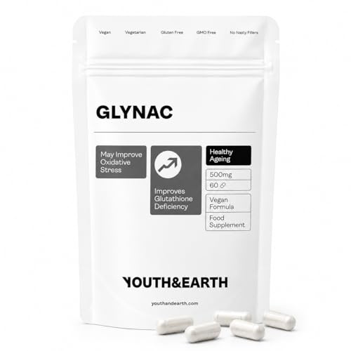 Youth & Earth Glynac (NAC y glicina) - Suplemento de 500 mg de Glynac para desintoxicación y apoyo al estrés oxidativo - 60 cápsulas de glicina