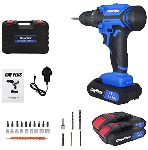 Cordless Drill Driver 21V-Max Lithium-Ion, Electric Screwdriver, 2 Variable Speed, 45NM, LED Work Light, 2x1.5Ah Batteries & 1xCharger, Drill Power Tool with Kitbox