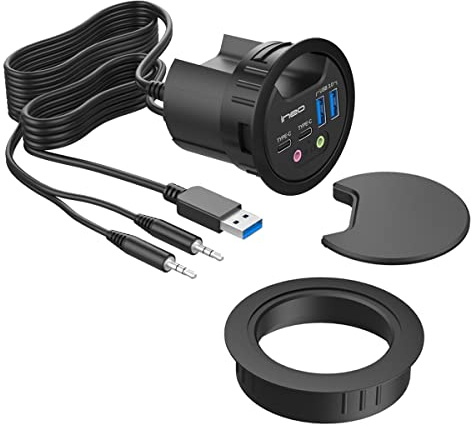 HUB USB 3.0 | 4 Ports | 2 Ports USB-C | 2 Ports USB-A | Audio I/O | Montage dans Un Trou de Bureau de 60 mm | Longueur du câble 150 cm | Couvercle Anti-poussière | Anneau d'encastrement 80 mm