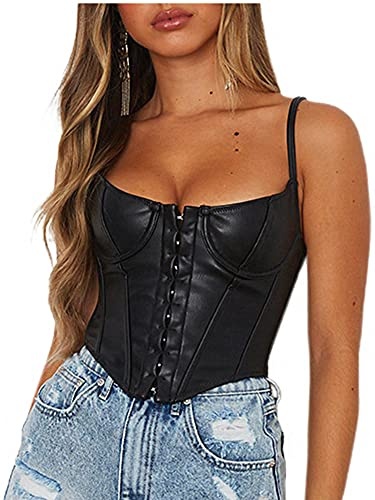 Naimo Damen Leder Crop Top Sexy Ärmellos Weste Camisole Spaghettiträger Bustier Tank Tops Vintage Korsett
