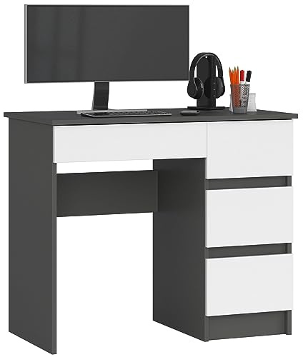 AKORD Schreibtisch A7 90 cm | 4 Schubladen Rechts | Computertisch | Für Zuhause | Für das Büro | Für die Arbeit | B90 x H77 x T50 cm | Gewicht 30,50 kg | Graphitgrau/Weiß