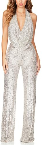 ORANDESIGNE Damen Pailletten Halter Jumpsuits Frauen Sexy Cowl-Ausschnitt Glitzernd Clubwear Ärmellos Elegant Bodycon Weite Hosenbeine Strampler