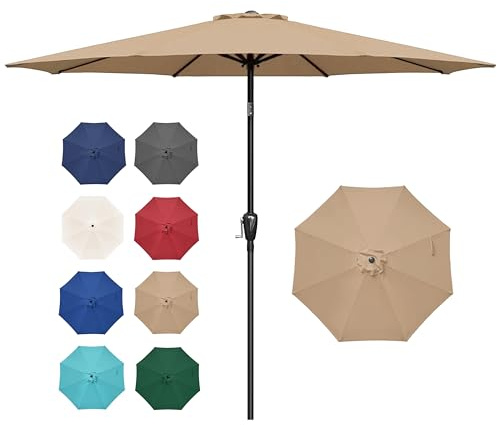 Simple Deluxe 2.74M Outdoor Market Table Patio Umbrella with Button Tilt, Crank and 8 Sturdy Ribs for Garden, Deck, Lawn, Backyard & Pool, Tan