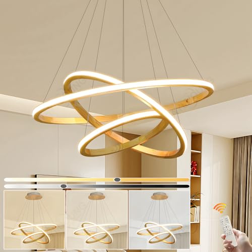 WayLuoung Holz LED Kronleuchter, Deckenleuchte, Dimmbare 3 Ring Holzleuchte, Verstellbare Kreis Pendelleuchte Kücheninsel Esszimmer Wohnzimmer Foyer Zum Aufhängen 【30+50+70cm】