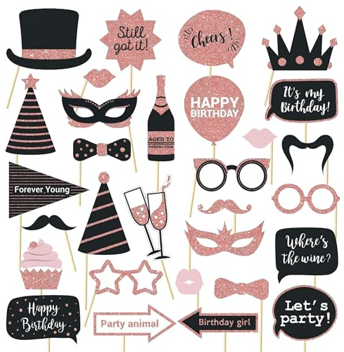 Party Birthday Photo Booth Props, 30Pcs Set of Happy Birthday Selfie Party Supplies with Real Glitter Cute Bday Designs for Women or Girls,Easy to Assemble(Rose Gold)