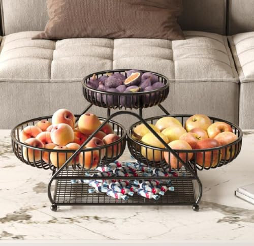 JUNYFFF Obst Obstkorb Etagere 3 Etagen, Obstetageren 3 Stöckig Obstschale Metall Für Mehr Platz Auf Der Arbeitsplatte Küche Etageren Mit Obstschalen Organizer Für Brot, Snacks, Gemüse,Schwarz